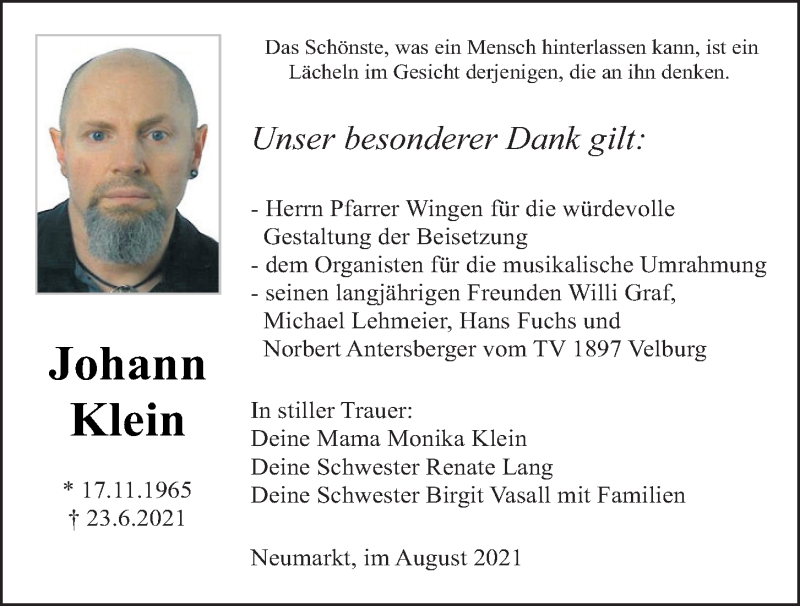  Traueranzeige für Johann Klein vom 14.08.2021 aus Neumarkter Tagblatt