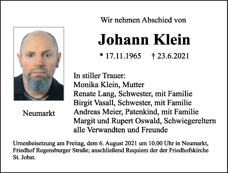  Traueranzeige für Johann Klein vom 03.08.2021 aus Neumarkter Tagblatt