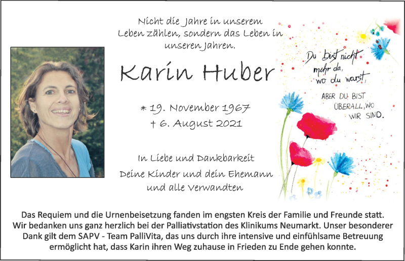  Traueranzeige für Karin Huber vom 21.08.2021 aus Neumarkter Tagblatt