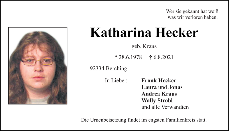  Traueranzeige für Katharina Hecker vom 07.08.2021 aus Neumarkter Tagblatt
