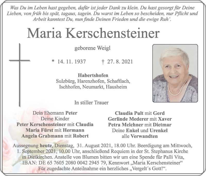  Traueranzeige für Maria Kerschensteiner vom 31.08.2021 aus Neumarkter Tagblatt
