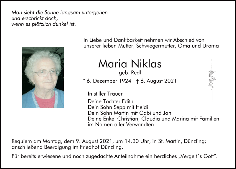  Traueranzeige für Maria Niklas vom 07.08.2021 aus Mittelbayerische Zeitung Regensburg