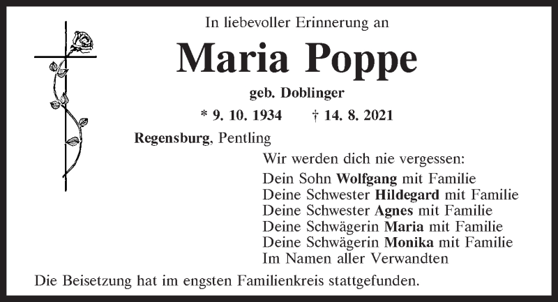  Traueranzeige für Maria Poppe vom 30.08.2021 aus Mittelbayerische Zeitung Regensburg
