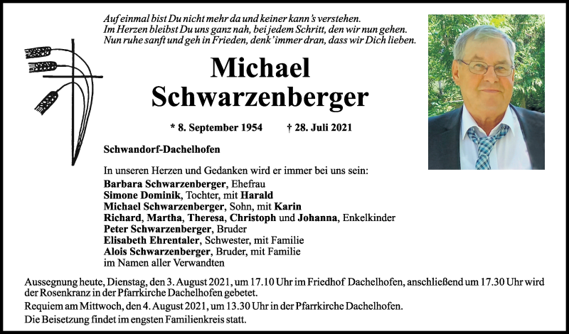  Traueranzeige für Michael Schwarzenberger vom 03.08.2021 aus Mittelbayerische Zeitung Schwandorf