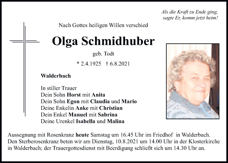  Traueranzeige für Olga Schmidhuber vom 07.08.2021 aus Bayerwald Echo