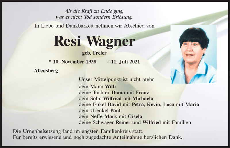  Traueranzeige für Resi Wagner vom 02.08.2021 aus Mittelbayerische Zeitung Kelheim
