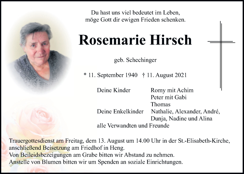  Traueranzeige für Rosemarie Hirsch vom 12.08.2021 aus Neumarkter Tagblatt