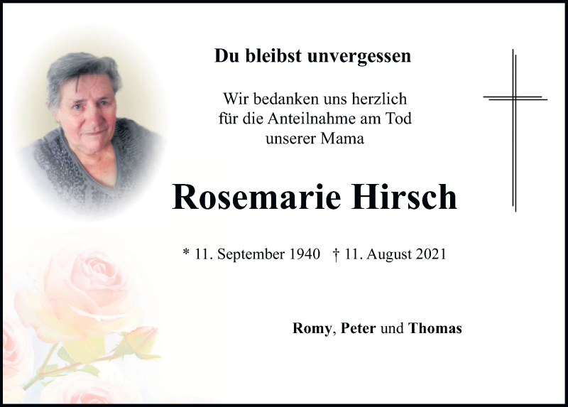  Traueranzeige für Rosemarie Hirsch vom 23.08.2021 aus Neumarkter Tagblatt
