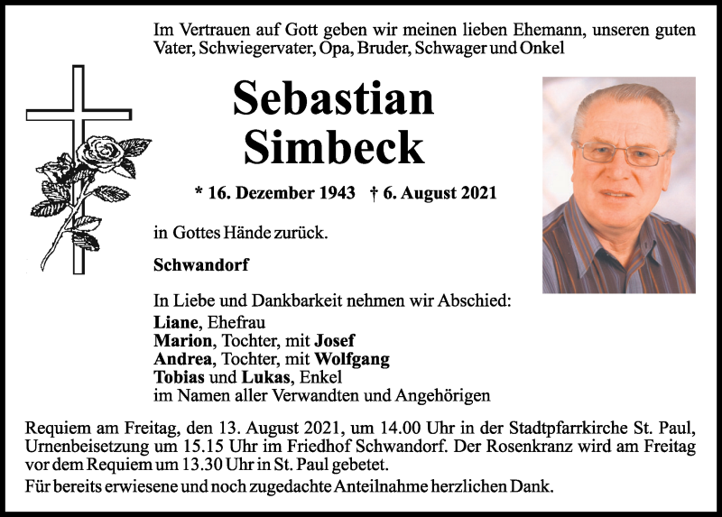  Traueranzeige für Sebastian Simbeck vom 10.08.2021 aus Mittelbayerische Zeitung Schwandorf