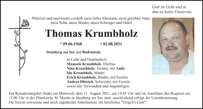  Traueranzeige für Thomas Krumbholz vom 07.08.2021 aus Mittelbayerische Zeitung Schwandorf
