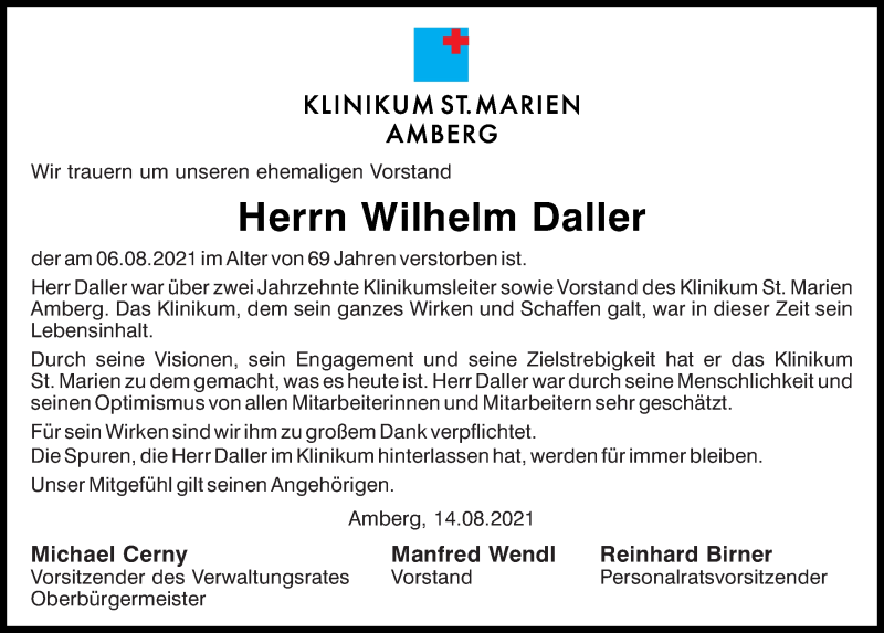  Traueranzeige für Wilhelm Daller vom 14.08.2021 aus Mittelbayerische Zeitung Schwandorf