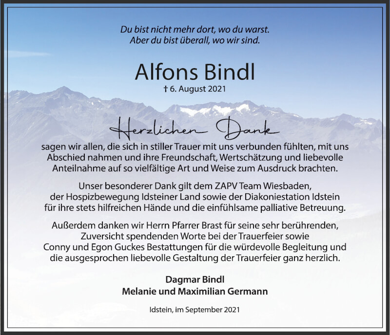  Traueranzeige für Alfons Bindl vom 25.09.2021 aus Bayerwald Echo