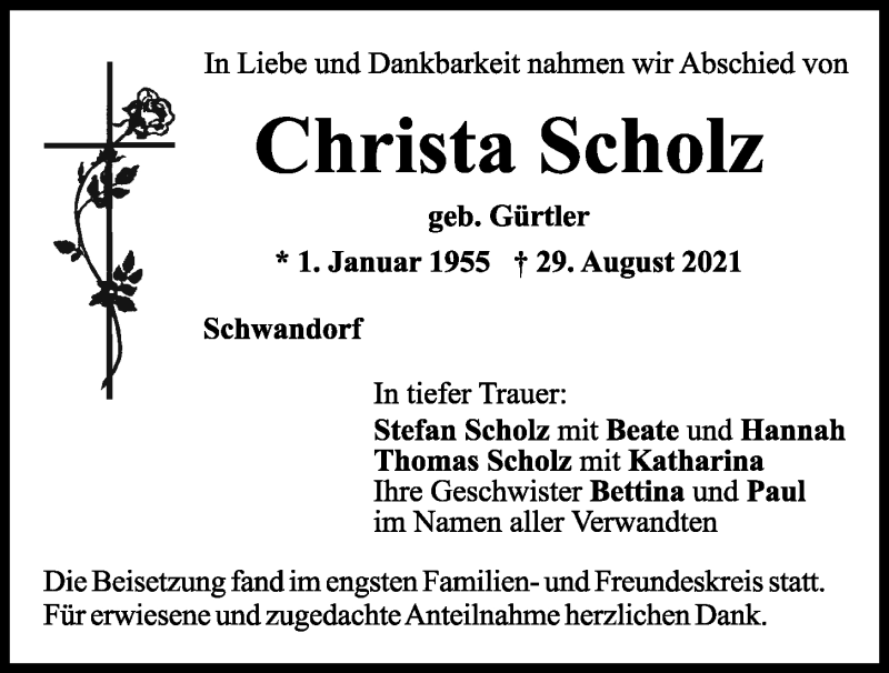 Traueranzeige für Christa Scholz vom 11.09.2021 aus Mittelbayerische Zeitung Schwandorf