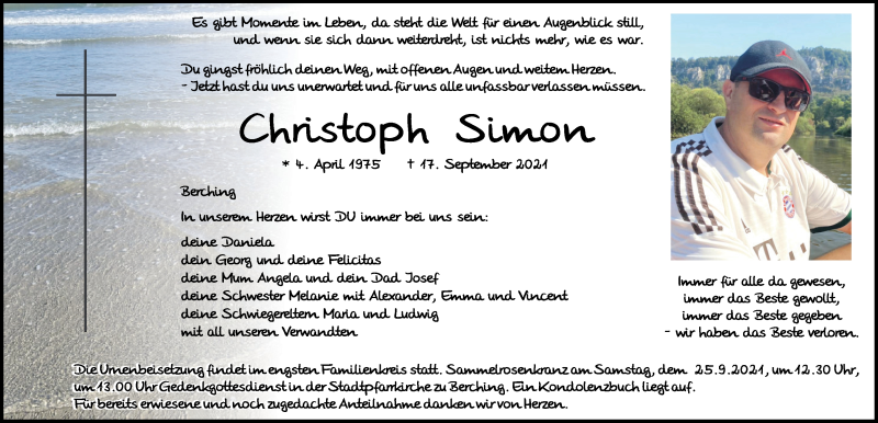  Traueranzeige für Christoph Simon vom 23.09.2021 aus Neumarkter Tagblatt