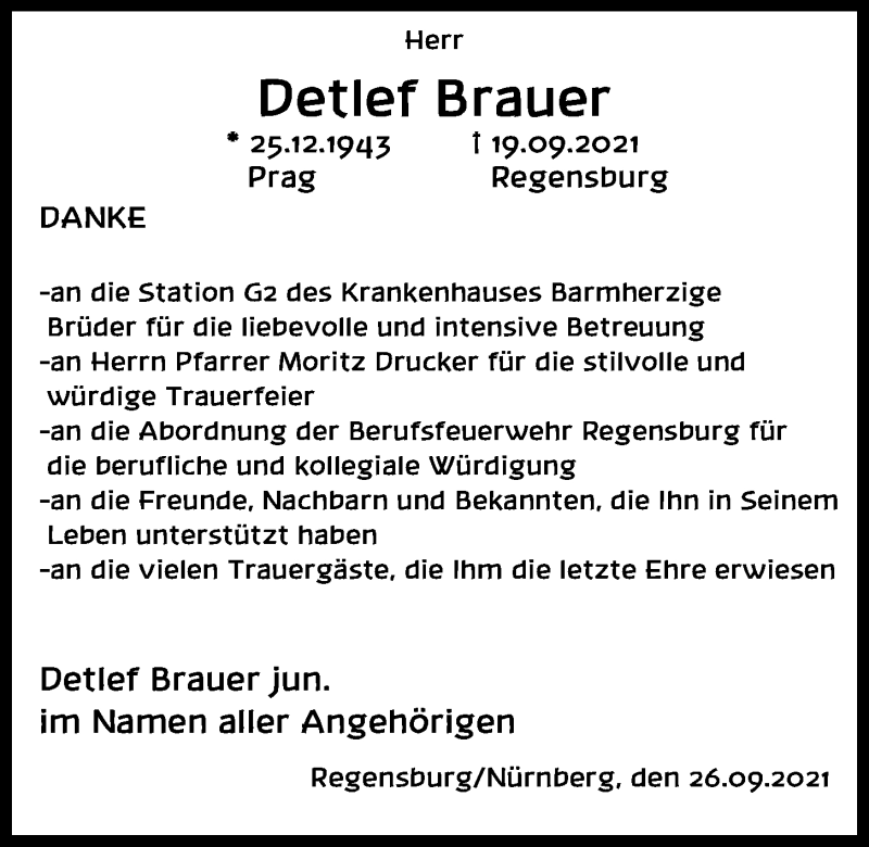  Traueranzeige für Detlef Brauer vom 29.09.2021 aus Mittelbayerische Zeitung Regensburg