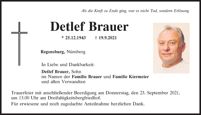  Traueranzeige für Detlef Brauer vom 22.09.2021 aus Mittelbayerische Zeitung Regensburg