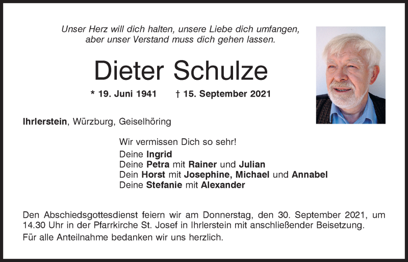  Traueranzeige für Dieter Schulze vom 28.09.2021 aus Mittelbayerische Zeitung Kelheim