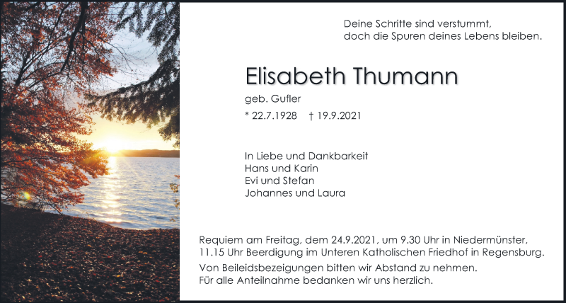  Traueranzeige für Elisabeth Thumann vom 22.09.2021 aus Mittelbayerische Zeitung Regensburg
