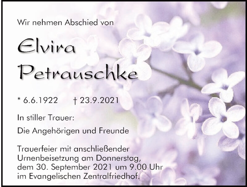  Traueranzeige für Elvira Petrauschke vom 25.09.2021 aus Mittelbayerische Zeitung Regensburg