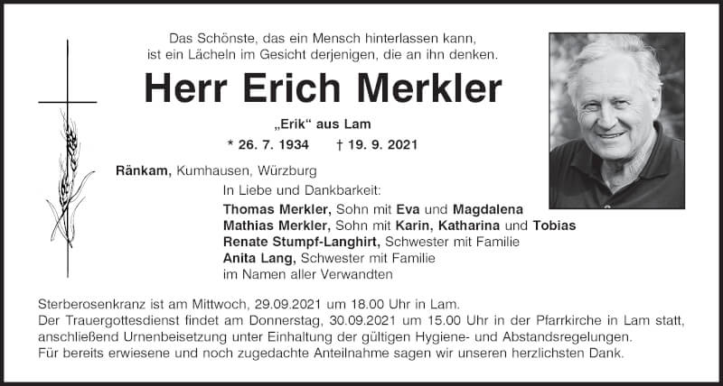  Traueranzeige für Erich Merkler vom 25.09.2021 aus Bayerwald Echo