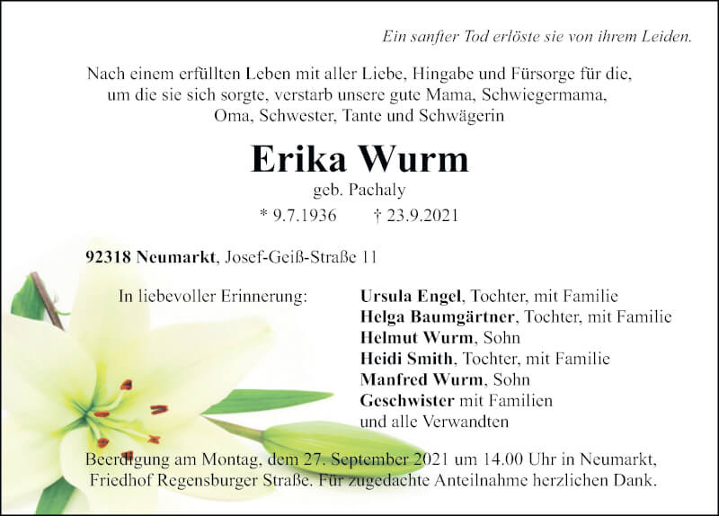  Traueranzeige für Erika Wurm vom 25.09.2021 aus Neumarkter Tagblatt