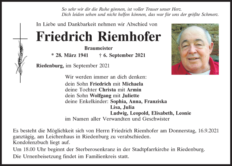  Traueranzeige für Friedrich Riemhofer vom 14.09.2021 aus Mittelbayerische Zeitung Kelheim