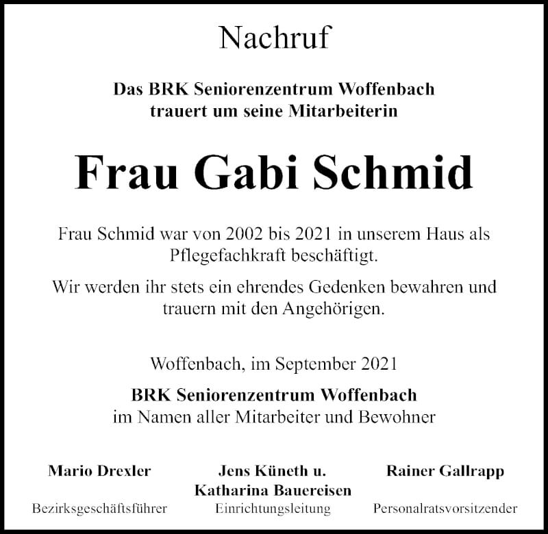  Traueranzeige für Gabi Schmid vom 25.09.2021 aus Neumarkter Tagblatt