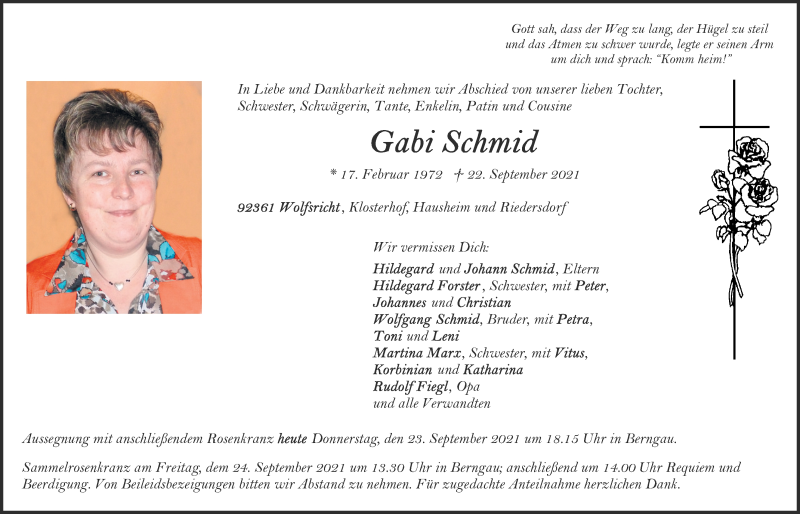  Traueranzeige für Gabi Schmid vom 23.09.2021 aus Neumarkter Tagblatt