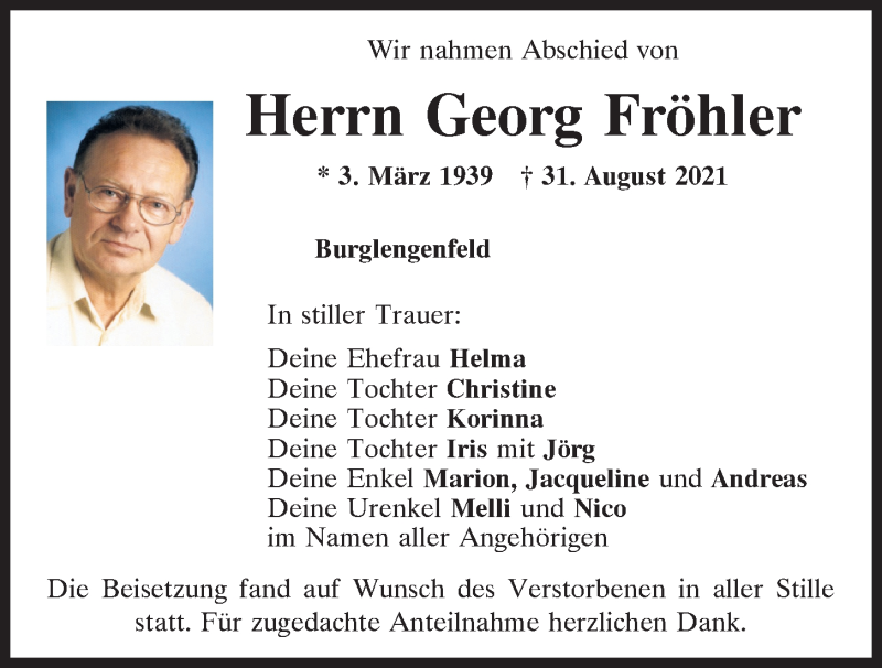  Traueranzeige für Georg Fröhler vom 11.09.2021 aus Mittelbayerische Zeitung Schwandorf