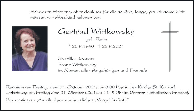  Traueranzeige für Gertrud Wittkowsky vom 29.09.2021 aus Mittelbayerische Zeitung Regensburg