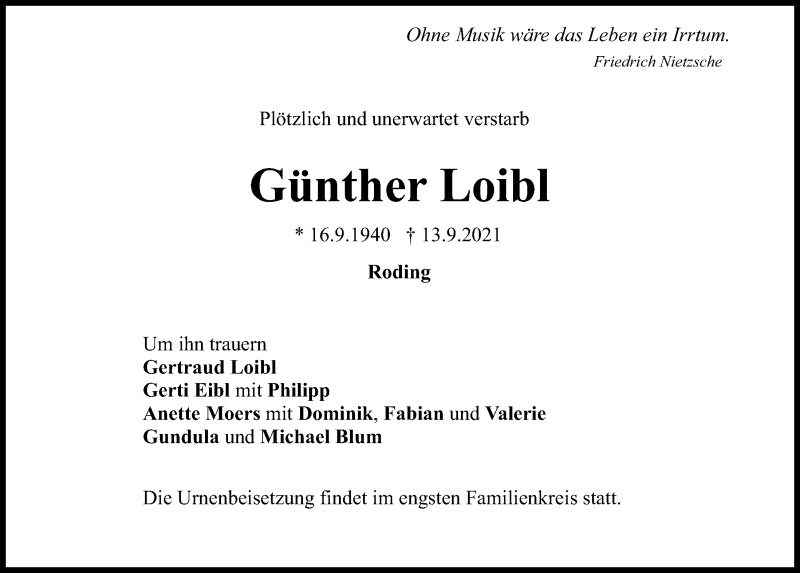  Traueranzeige für Günther Loibl vom 14.09.2021 aus Bayerwald Echo