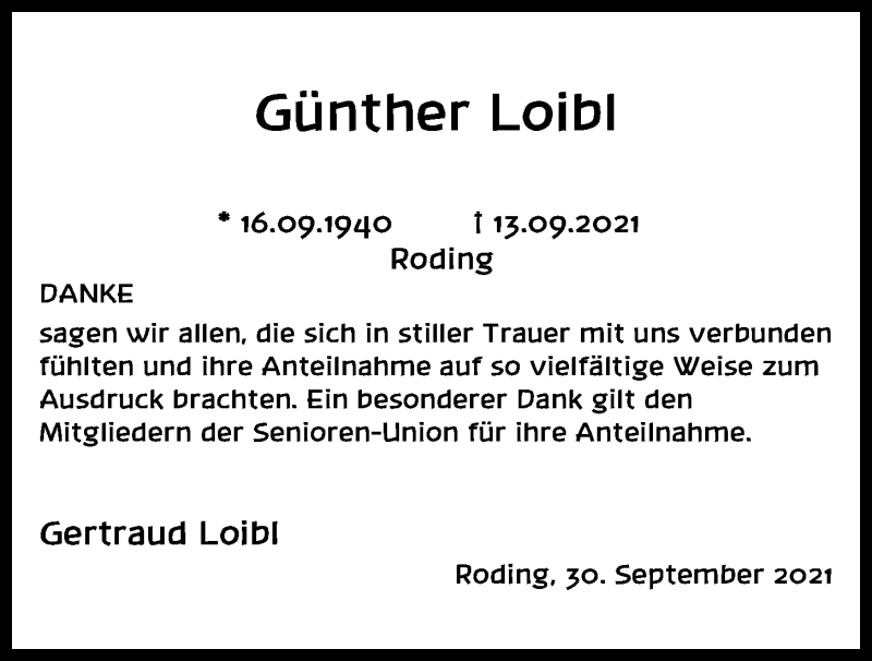  Traueranzeige für Günther Loibl vom 01.10.2021 aus Bayerwald Echo