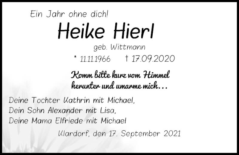  Traueranzeige für Heike Hierl vom 17.09.2021 aus Mittelbayerische Zeitung Schwandorf
