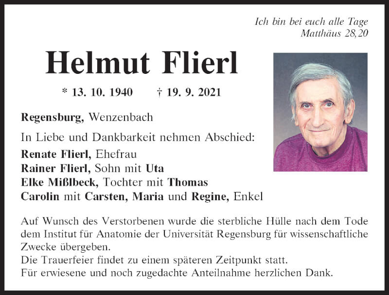  Traueranzeige für Helmut Flierl vom 25.09.2021 aus Mittelbayerische Zeitung Regensburg
