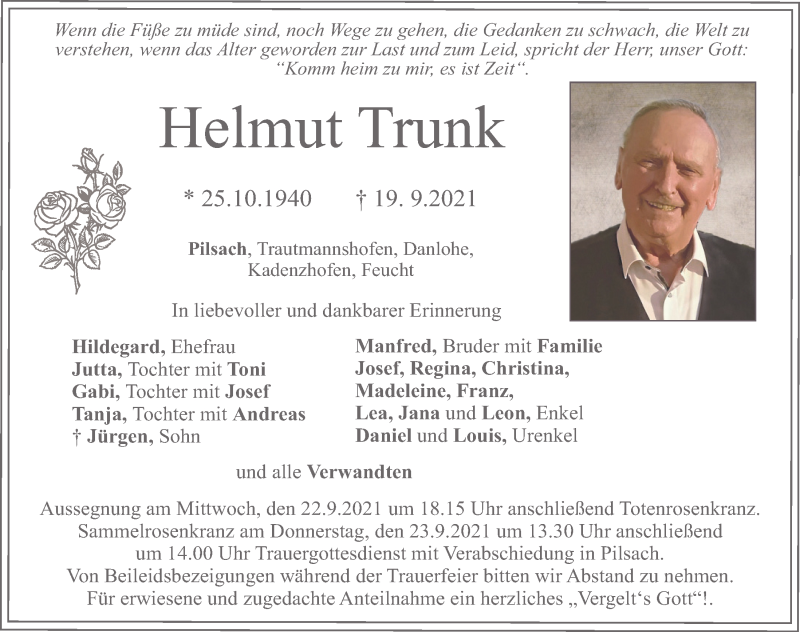  Traueranzeige für Helmut Trunk vom 21.09.2021 aus Neumarkter Tagblatt