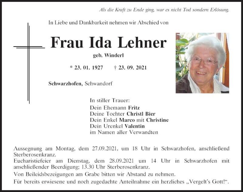  Traueranzeige für Ida Lehner vom 25.09.2021 aus Mittelbayerische Zeitung Schwandorf