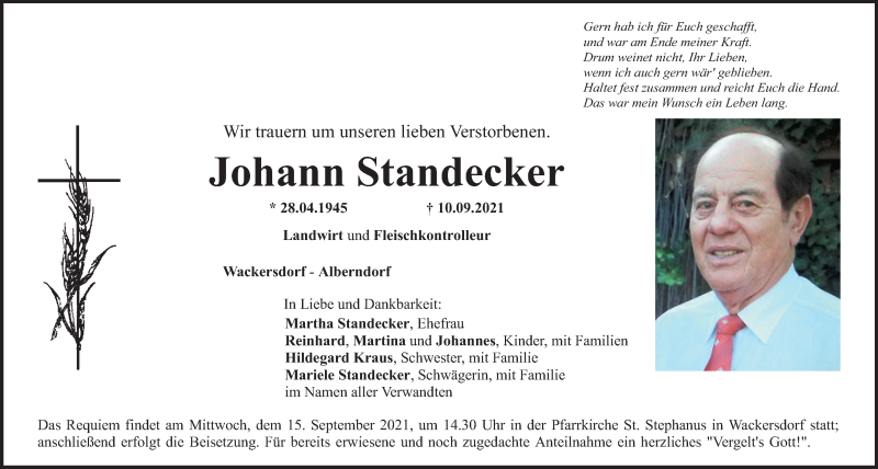  Traueranzeige für Johann Standecker vom 13.09.2021 aus Mittelbayerische Zeitung Schwandorf