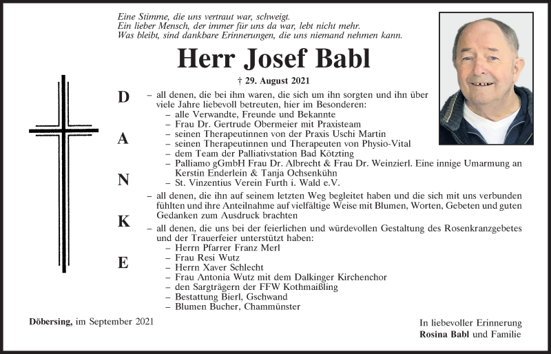  Traueranzeige für Josef Babl vom 11.09.2021 aus Bayerwald Echo