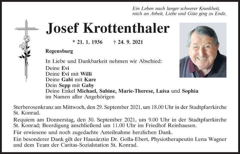  Traueranzeige für Josef Krottenthaler vom 28.09.2021 aus Mittelbayerische Zeitung Regensburg