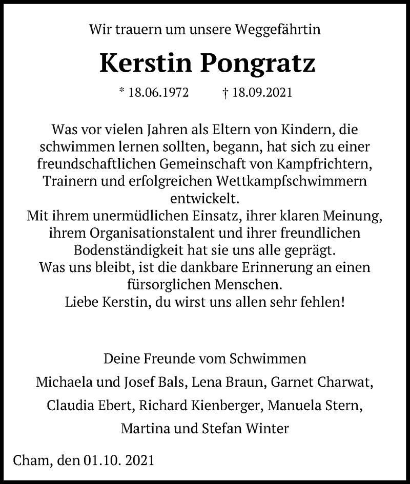  Traueranzeige für Kerstin Pongratz vom 01.10.2021 aus Bayerwald Echo