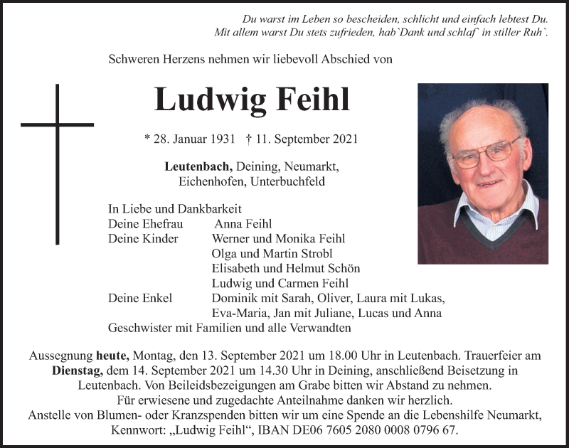  Traueranzeige für Ludwig Feihl vom 13.09.2021 aus Neumarkter Tagblatt