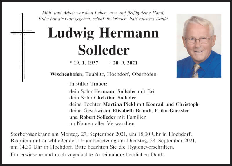  Traueranzeige für Ludwig Hermann Solleder vom 25.09.2021 aus Mittelbayerische Zeitung Regensburg