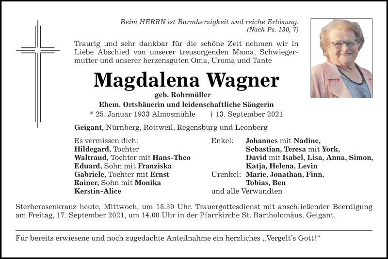  Traueranzeige für Magdalena Wagner vom 15.09.2021 aus Bayerwald Echo
