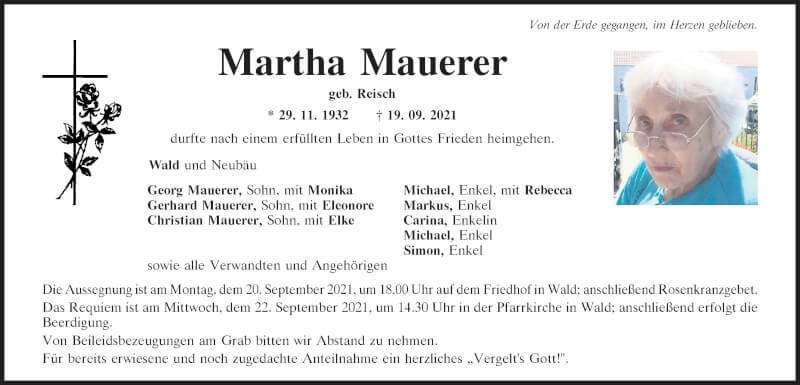  Traueranzeige für Martha Mauerer vom 20.09.2021 aus Bayerwald Echo