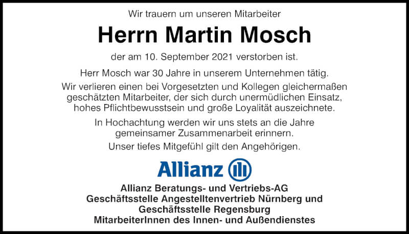  Traueranzeige für Martin Mosch vom 17.09.2021 aus Mittelbayerische Zeitung Regensburg