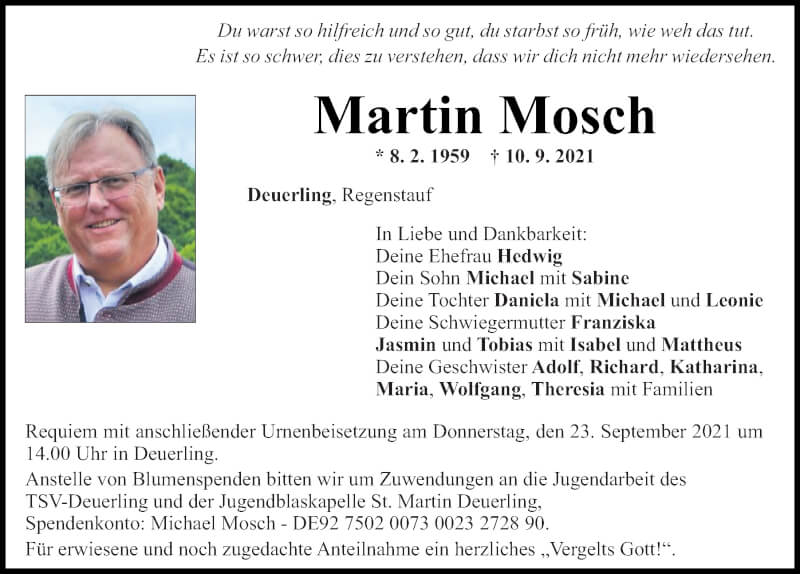  Traueranzeige für Martin Mosch vom 18.09.2021 aus Mittelbayerische Zeitung Regensburg