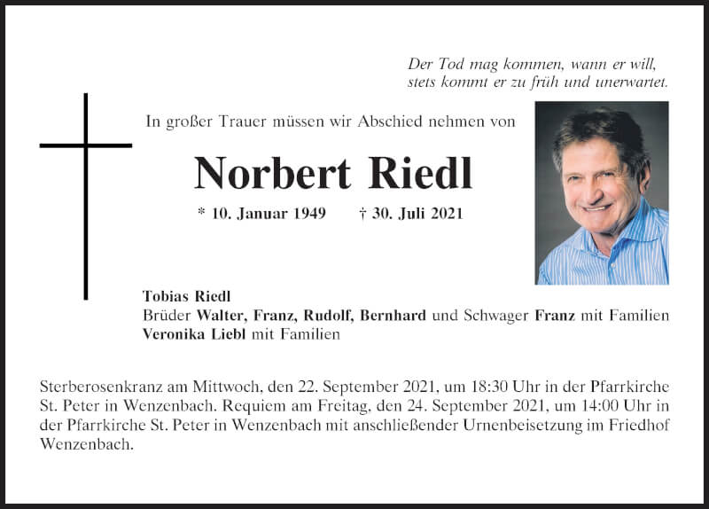  Traueranzeige für Norbert Riedl vom 18.09.2021 aus Mittelbayerische Zeitung Regensburg