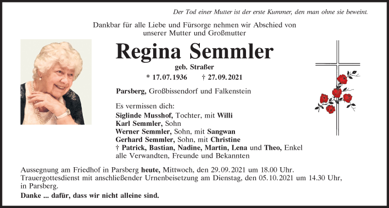  Traueranzeige für Regina Semmler vom 29.09.2021 aus Neumarkter Tagblatt