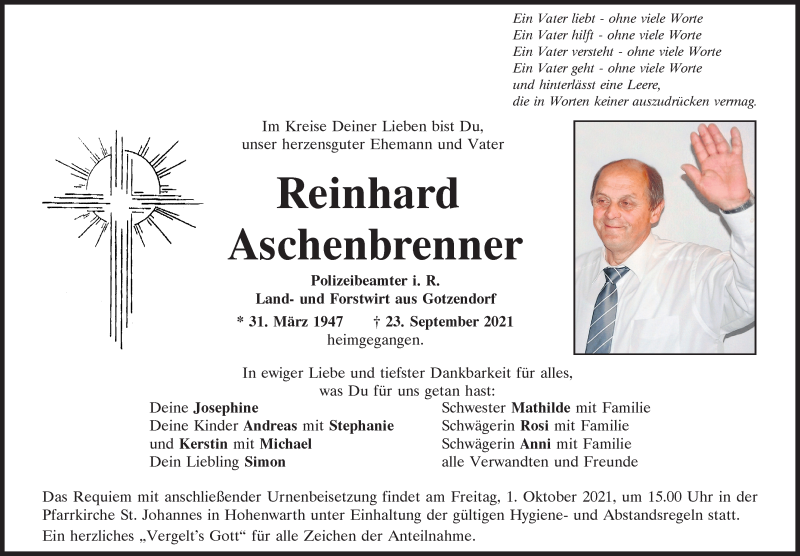  Traueranzeige für Reinhard Aschenbrenner vom 29.09.2021 aus Bayerwald Echo