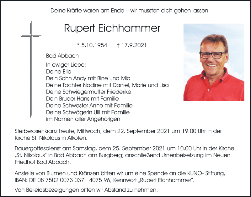  Traueranzeige für Rupert Eichhammer vom 22.09.2021 aus Mittelbayerische Zeitung Kelheim